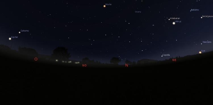 Representação do céu noturno às 5h50 deste domingo (19) pelo software Stellarium, com a Lua e os planetas (da esq. para dir.) Júpiter, Saturno, Marte, Vênus e Mercúrio - Divulgação/Júlio Lobo - Divulgação/Júlio Lobo