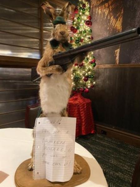 Theodore A. Hare, uma lebre empalhada, decora restaurante em Fishers, no estado de Indiana; responsável por furto pediu desculpas, e estabelecimento agradeceu - @1933Lounge/Twitter