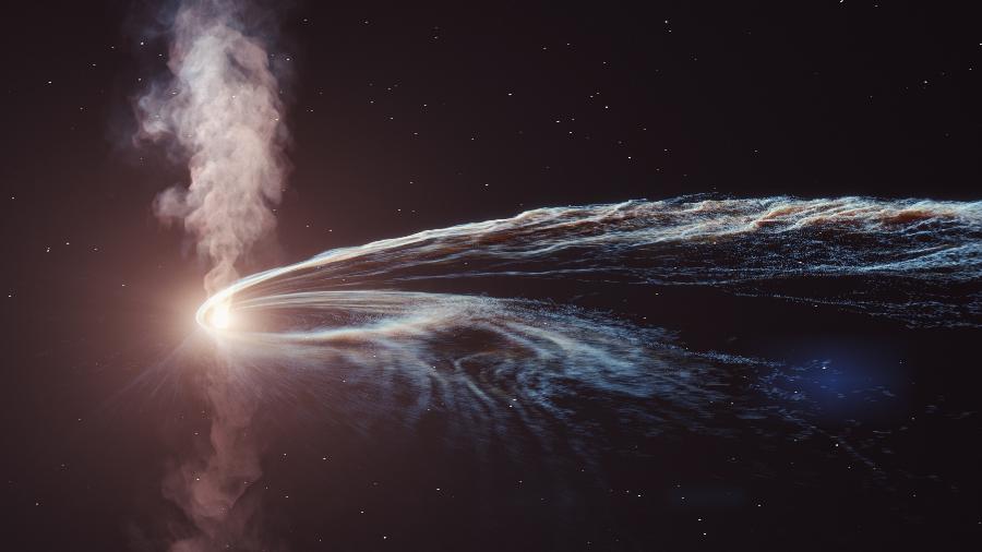 Ilustração mostra evento de perturbação de marés (TDE), quando buraco negro destrói uma estrela que se aproxima demais - DESY, Science Communication Lab