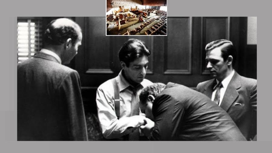 O beija-mão em Michael Corleone, em  "O Poderoso Chefão 3". No destaque, imagem do STF depredado. Os mafiosos escolherão os juízes? Essa licença será concedida apenas a golpistas?