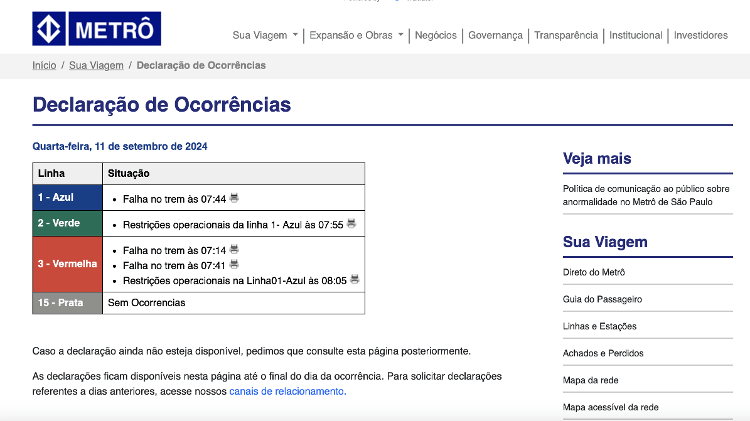 O atestado está disponível na página de Declaração de Ocorrências no site do Metrô de São Paulo