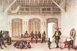 Gravura do pintor francês Jean Baptiste Debret (1768-1848) que retrata um mercado de escravos localizado na rua Valongo, no Rio de Janeiro - Reprodução