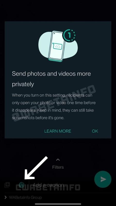Captura de tela do recurso de mídias que se autodestrõem do WhatsApp; ferramenta avisa que usuários ainda poderão dar print - Reprodução/WABetainfo - Reprodução/WABetainfo