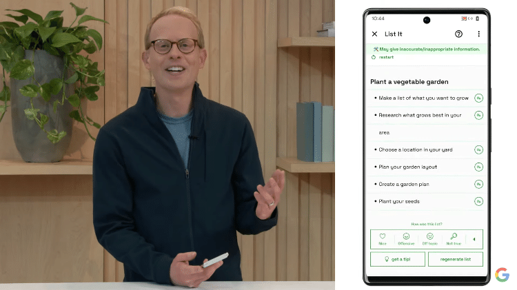 Demonstração da LaMDA durante o evento Google I/O 2022 em que sistema lista passo a passo para criar uma plantação em casa - Reprodução - Reprodução