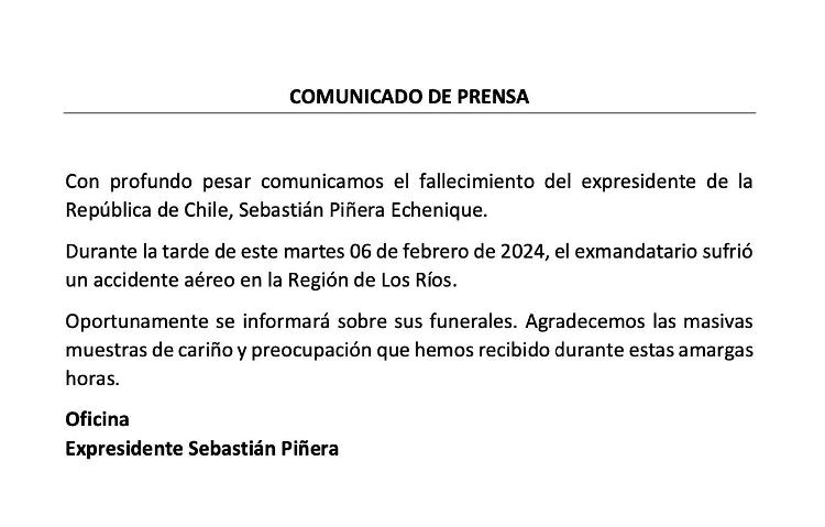 Declaração do gabinete de Sebastián Piñera sobre a morte do ex-presidente