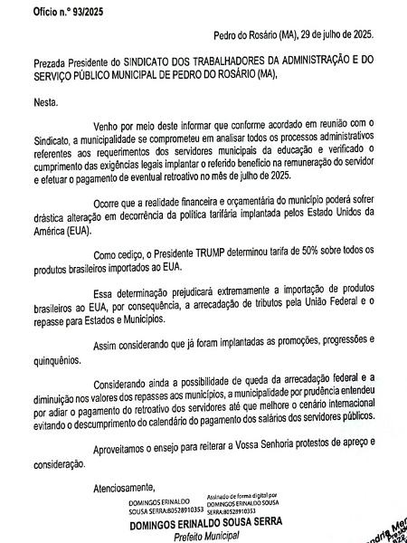 Documento enviado pelo prefeito de Pedro do Rosário (MA) Documento enviado pelo prefeito de Pedro do Rosário (MA)