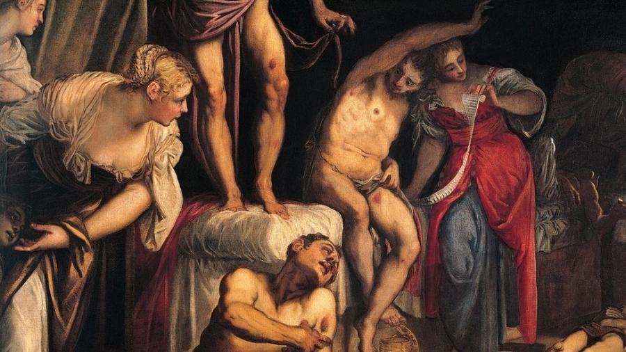 Mulheres cuidando das feridas dos afetados pela peste, em uma pintura de Jacopo Robusti, 1549 - Getty Images