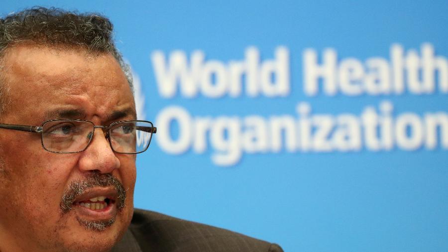 Diretor-geral da Organização Mundial da Saúde (OMS), Tedros Adhanom Ghebreyesus, durante entrevista coletiva em Genebra - 