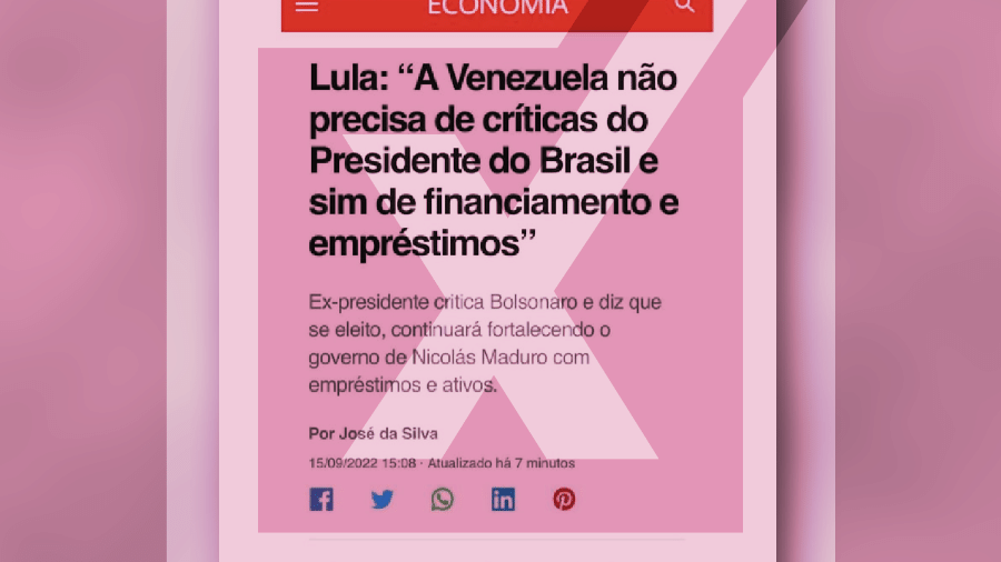 20.set.2022 - Publicação com suposta reportagem do G1 afirmando que Lula disse que Venezuela não "precisa de críticas" é montagem - Projeto Comprova