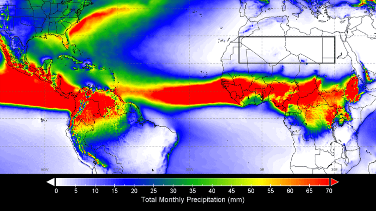 Média de chuvas para o mês de agosto nos últimos 53 anos. A faixa colorida indica o cinturão formado pela ITCZ. Norte do Brasil é a região que recebe maior volume de chuva nesse período no país