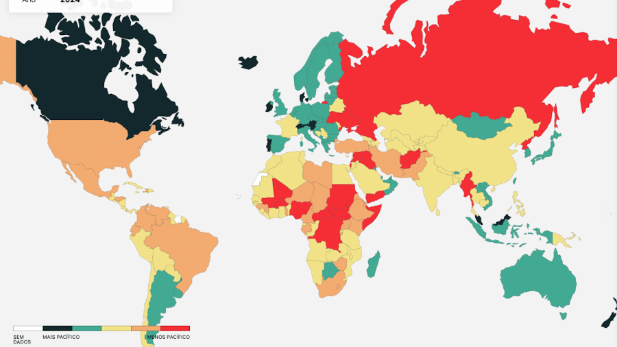 No mapa do GPI; os países mais perigos têm coloração vermelha