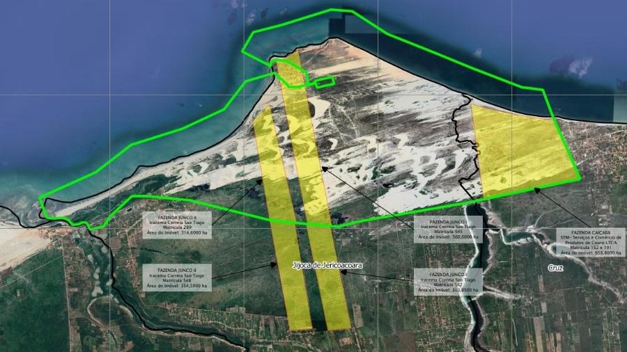 Área circulada em verde é referente ao parque, e as de amarelo são fazendas de Iracema, em Jericoacoara (CE)