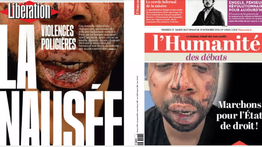 27.nov.2020 - Jornais estampam o rosto do produtor musical Michel Zecler, violentamente agredido no sábado passado por policiais em Paris. As cenas foram captadas pelo circuito interno de câmeras de vídeo de um estúdio de música - RFI