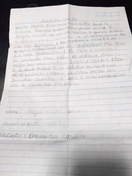Angelo Ravel Nunes, de 8 anos, escreveu uma carta onde solicita a troca do sobrenome do pai biológico pelo do padrasto - Reprodução/Arquivo Pessoal 