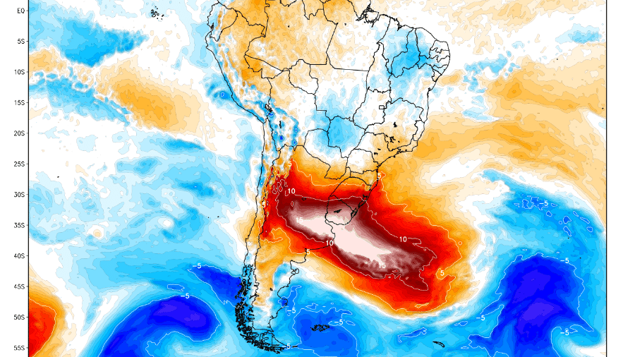 Mapa divulgado pela MetSul aponta calor extremo para os próximos dias no sul do Brasil e no centro da América do Sul - MetSul