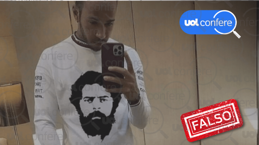 14.jun.2022 - É montagem foto de Lewis Hamilton com camisa do Lula - Arte/UOL