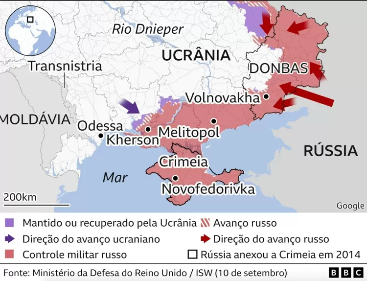 A atenção da comunidade internacional estava focada em um avanço ucraniano muito aguardado na área perto da cidade de Kherson, no sul, como visto acima. - BBC - BBC