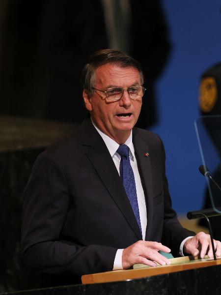 20.set.22 - O presidente brasileiro Jair Bolsonaro discursa durante a 77ª Assembleia-Geral da ONU, em Nova York - Michael M. Santiago/Getty Images/AFP