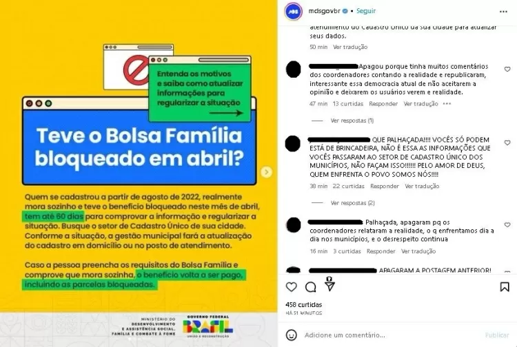 Post do MDS com orientações sobre desbloqueio gerou revolta de equipes do Bolsa Família - Reprodução/Instagram - Reprodução/Instagram
