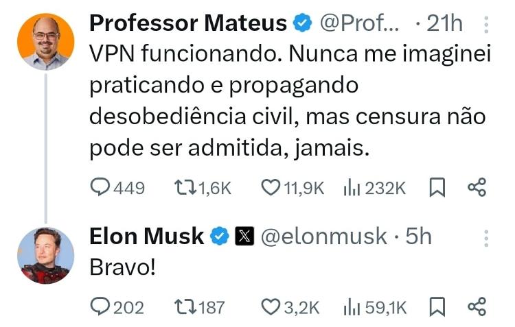 Elon Musk comentou em publicação feita pelo vice-governador de MG, Professor Mateus (Novo)