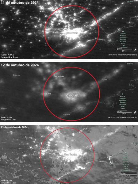 Imagens de satélite mostram São Paulo antes e depois de apagão