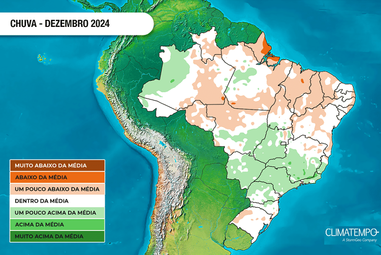 Tendência de chuvas no Brasil para dezembro de 2024 