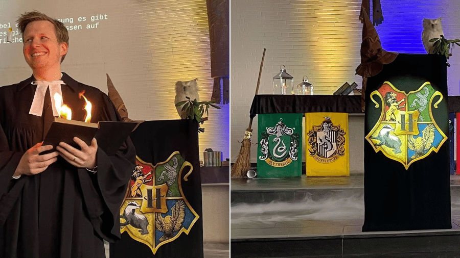O pastor Jonas Goebel (esq.) no altar da igreja (dir.), adornado com objetos temáticos de Harry Potter