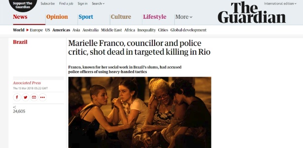 Reprodução da nota do jornal britânico The Guardian sobre a morte da vereadora Marielle Franco - Reprodução/Guardian
