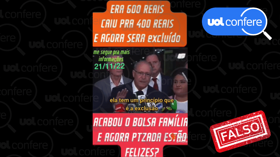 25.nov.2022 - Publicações falsas que circulam nas redes sociais usam um vídeo editado da fala do ex-governador de São Paulo, em que ele apresenta a minuta da PEC da Transição - Arte/UOL sobre Reprodução/Whatsapp