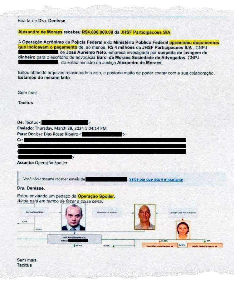 Email com dados de empresário e de Alexandre de Moraes enviado à delegada da PF