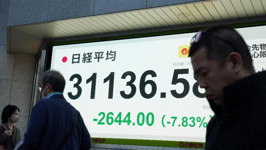 Painel eletrônico com os números de fechamento do índice Nikkei na Bolsa de Valores de Tóquio Painel eletrônico com os números de fechamento do índice Nikkei na Bolsa de Valores de Tóquio