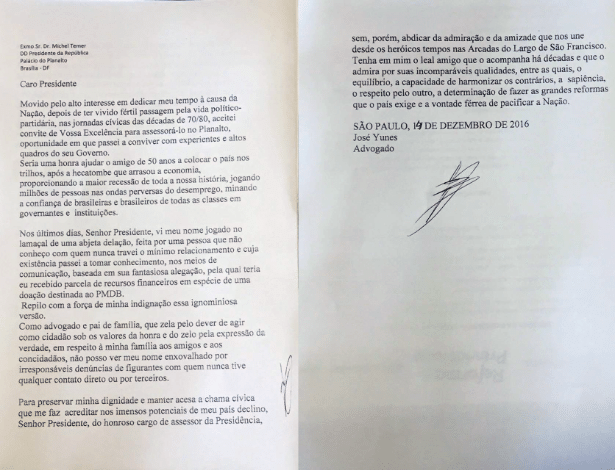 Carta de demissão de José Yunes entregue a Temer - Reprodução - 14.dez.2016