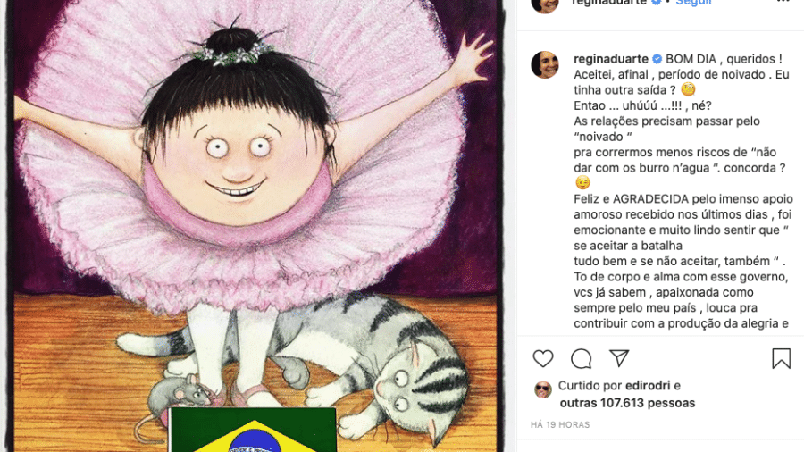 Post de Regina Duarte no Instagram, 21/01/2020. - reprodução do Instagram