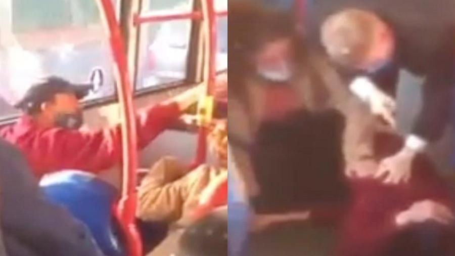 Homem (moletom vermelho) chutou a cabeça de uma adolescente e depois foi agredido da mesma forma por um passageiro (foto à direita) - Reprodução/Daily Mail