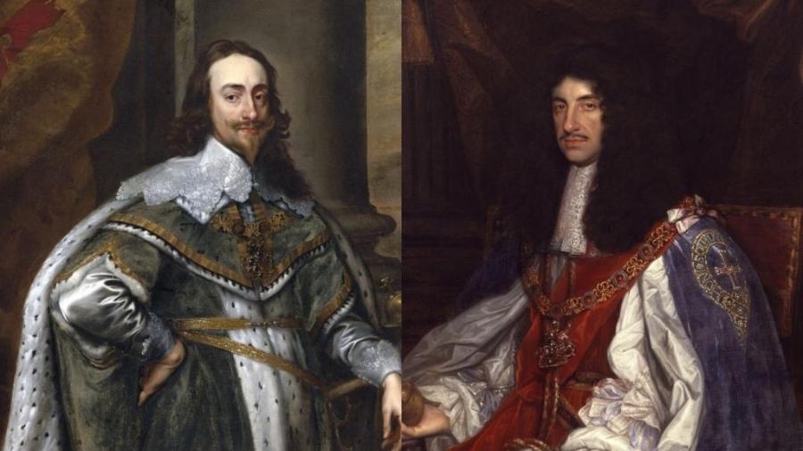 Charles 1º (à esquerda) foi executado após ser acusado de traição; Charles 2º (à direita) precisou governar durante praga de peste bubônica e incêndio avassalador - Domínio Público