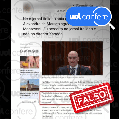 20.jul.2023 - O parágrafo em italiano destacado nos posts diz, na verdade, que o filho de Moraes foi agredido