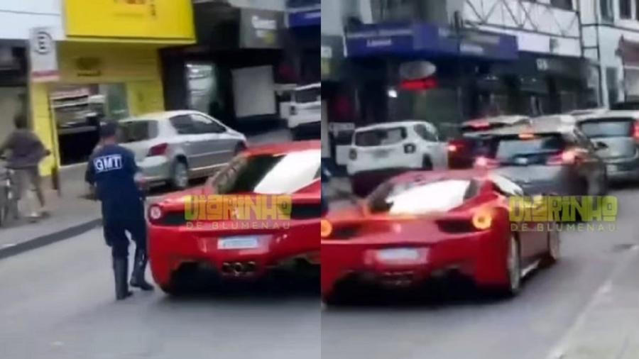 Agente de trânsito corre atrás de Ferrari sem placa dianteira em Blumenau (SC)