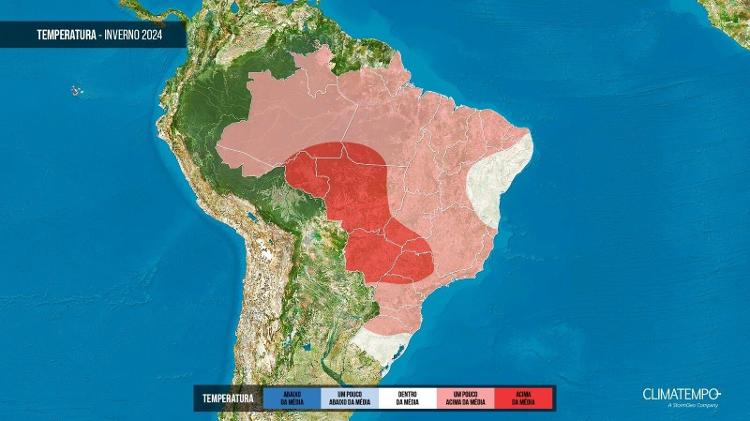  As áreas onde a temperatura no inverno vai ficar mais acima da média estão na mancha vermelha entre Rondônia e o centro-oeste de São Paulo. 