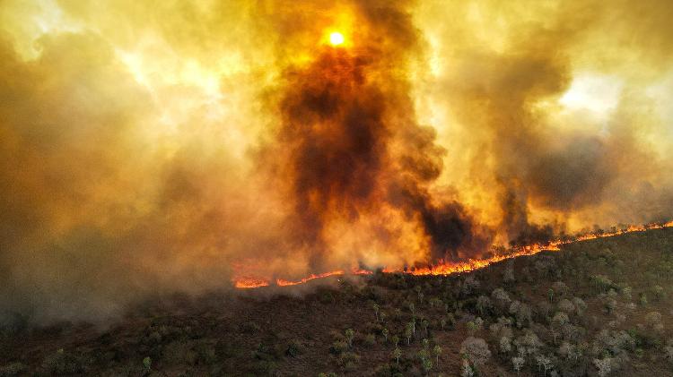 Muita fumaça em área de incêndio no Pantanal Sul de Nhecolândia, em Corumbá (MS), na primeira quinzena de agosto