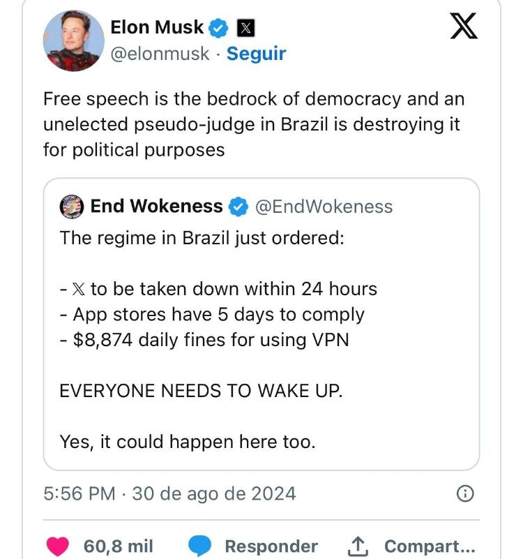 Trecho de publicação de Elon Musk no X