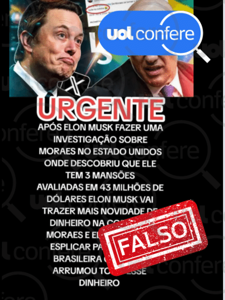 28.fev.2025 - Não há evidência de que Musk falou que Moraes tem mansões nos EUA - Arte/UOL sobre Reprodução Facebook