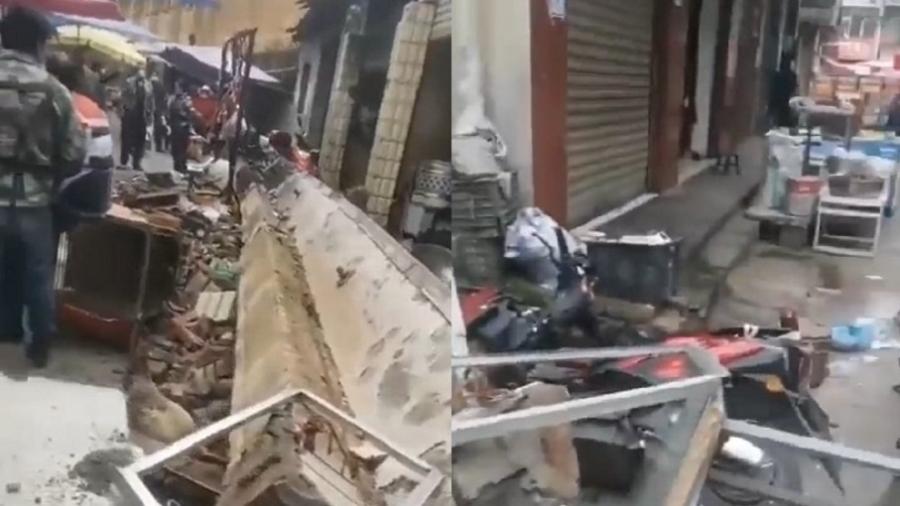 Estradas e casas do epicentro do terremoto, próximo de Luding, foram danificadas por deslizamentos de terra - Reprodução/Twitter