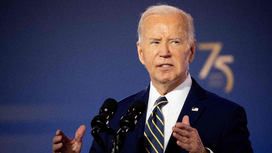 9.jul.2024 - O presidente dos EUA, Joe Biden, discursa em evento de comemoração dos 75 anos da Otan