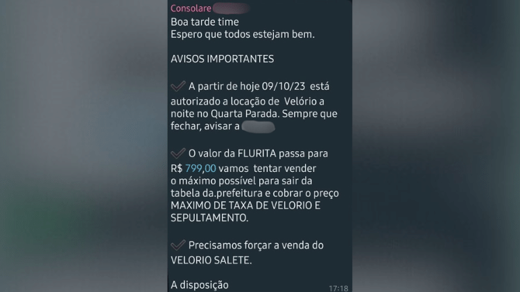 Prints de conversa mostram incentivo a funcionários da Consolare pela cobrança de preços mais altos por serviços funerários