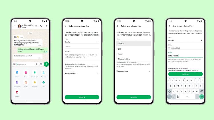 Passo a passo mostra ícone de Pix entre opção de anexos do WhatsApp; a partir daí, dá para configurar a chave que você quiser compartilhar