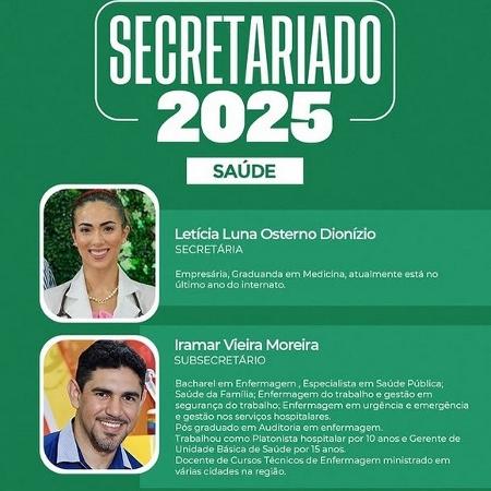 Anúncio da secretaria da Saúde de Moraújo, Letícia Luna Osterno Dionízio, e do subsecretário, Iramar Vieira Moreira