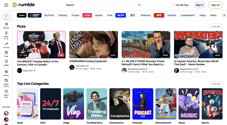 Rumble é bastante parecido com o Youtube, ao menos à primeira vista Rumble é bastante parecido com o Youtube, ao menos à primeira vista