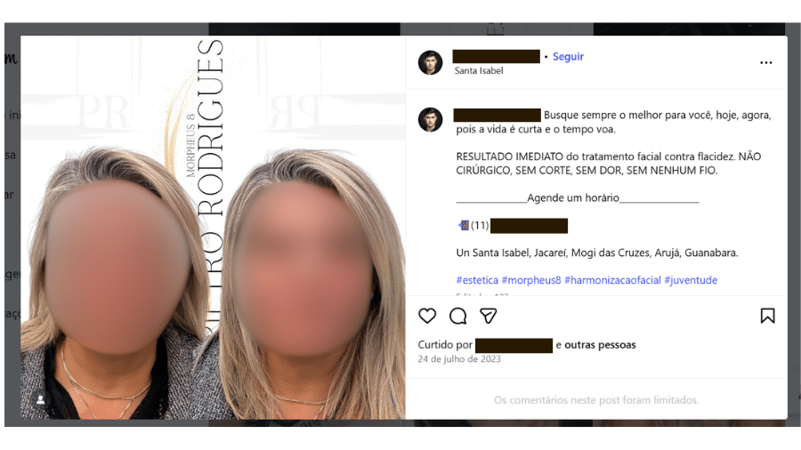 No perfil profissional, 'Pietro Rodrigues' mostrava clientes e falava em resultado imediato do tratamento facial contra flacidez  - undefined