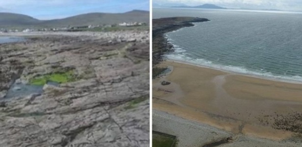 O antes e depois da praia de Dooagh: à esquerda, como ela ficou após as tempestades de 1984; à direita, a nova praia que surgiu no local. - Divulgação/Achill Island Tourist Office