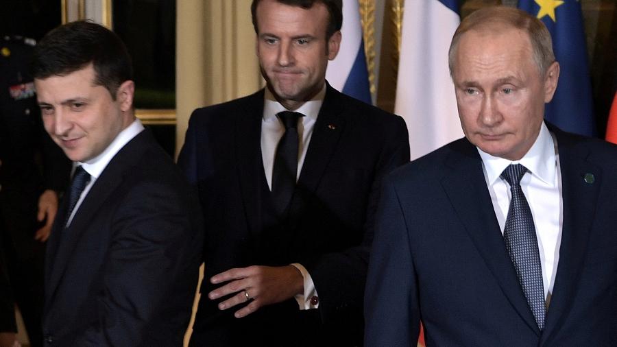 Os presidentes Volodimir Zelenski (Ucrânia), Emmanuel Macron (França) e Vladimir Putin (Rússia) em encontro em Paris - Sputnik/Alexei Nikolsky/Kremlin/Reuters